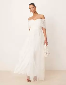 Платье макси из тюля с открытыми плечами, кружевом и бисером, цвет слоновой кости Lace & Beads