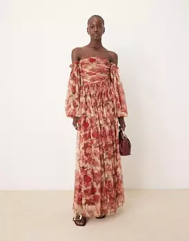 Платье макси из тюля с прозрачными рукавами и рюшами из кружева и бисера с розовым цветочным принтом