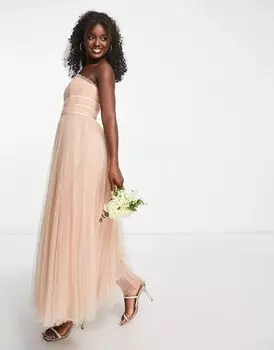 Платье макси из тюля с желобками и лифом ASOS Bridesmaid пыльно-розового цвета