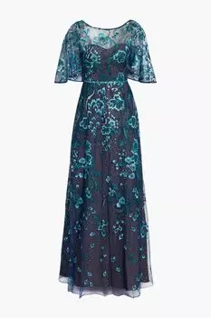 Платье макси из тюля, украшенное пайетками и вышивкой MARCHESA NOTTE, нави