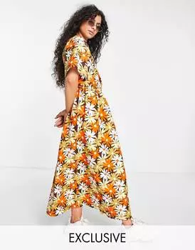 Платье макси из твила с поясом и оранжевым цветочным принтом ASOS COLLUSION