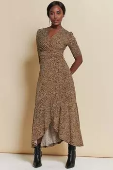 Платье макси из вискозы с принтом и оборками по подолу Jolie Moi, черный