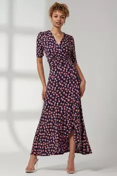 Платье макси из вискозы с принтом и оборками по подолу Jolie Moi, синий