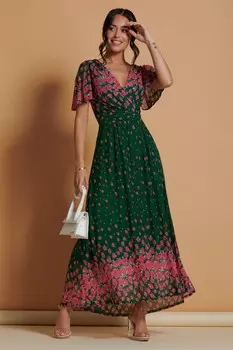 Платье макси из зеркальной сетки с расклешенными рукавами Jolie Moi, зеленый