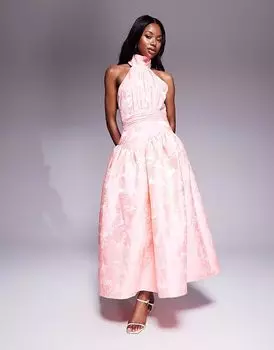 Платье макси из жаккарда ASOS LUXE с бантом в ярко-розовом цветочном узоре