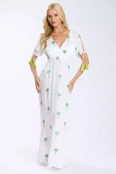 Платье макси из жатой вискозы с запахом спереди и вышивкой South Beach, белый