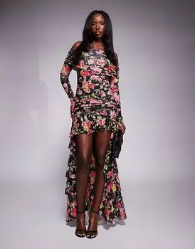 Платье макси Kellie с открытыми плечами и шлейфом с принтом в виде роз на обоях AFRM