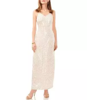 Платье макси-комбинации без рукавов с разрезом сзади и пайетками Vince Camuto Shadow с леопардовым принтом и v-образным вырезом, животный принт