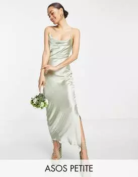 Платье макси-комбинация цвета шалфей ASOS DESIGN Petite Bridesmaid из блестящего атласа со шнуровкой на спине ASOS DESIGN Petite Bridesmaid