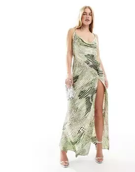 Платье макси косого кроя ASOS с абстрактным леопардовым принтом, воротником-хомутом, разрезом и атласной пряжкой