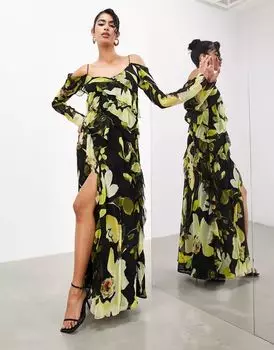 Платье макси косого кроя с длинными рукавами ASOS черного цвета с цветочным принтом и оборками по краям