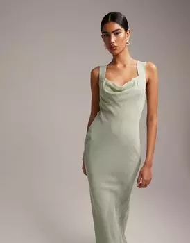 Платье макси косого кроя со шнуровкой на спине ASOS DESIGN Bridesmaid шалфейного цвета