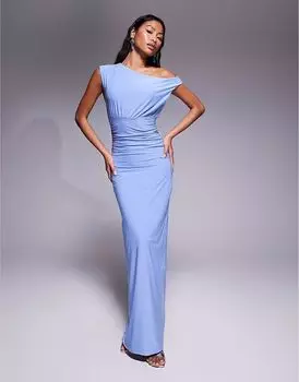 Платье макси-кроя Fashionkilla с двойным кроем, без рукавов, асимметричным вырезом, сборками, нежно-голубого цвета