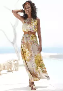 Платье макси LASCANA из вискозной ткани с принтом по всей поверхности, летнее платье, пляжное платье, желтый