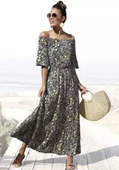 Платье макси LASCANA с цветочным принтом и вырезом кармен, летнее платье, пляжное платье, желтый