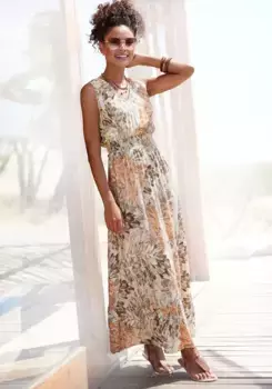 Платье макси LASCANA с цветочным принтом и V-образным вырезом, воздушное летнее платье, коричневый