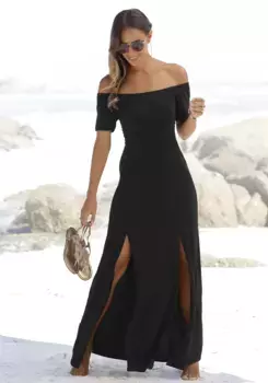 Платье макси LASCANA, с длинными разрезами по ноге и вырезом кармен, с открытыми плечами, базовое, черный