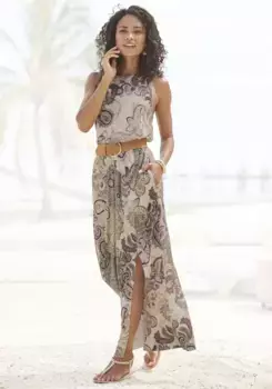 Платье макси LASCANA с принтом пейсли и разрезом, легкое летнее платье, пляжное платье, бежевый