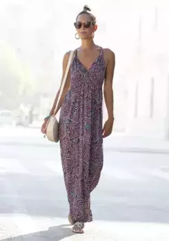 Платье макси LASCANA с узором пейсли и регулируемым вырезом, летнее платье, цвет Beere-Bedruckt