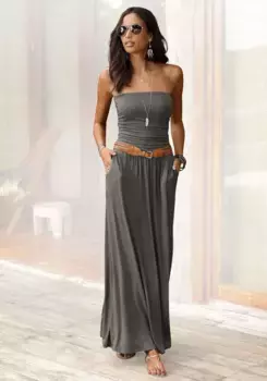 Платье макси LASCANA, с зауженным верхом и карманами, с открытыми плечами, летнее платье, базовое, хаки