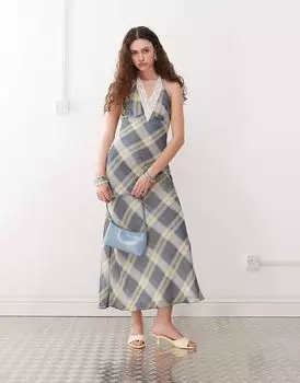 Платье макси Lioness 90-х годов с вырезом халтер и кружевной отделкой на спине в винтажную синюю клетку