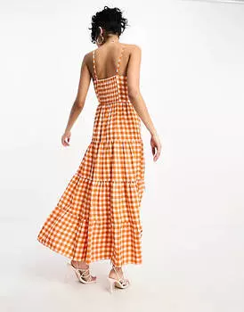 Платье макси Little Mistress с оранжевым принтом в мелкую клетку