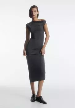 Платье макси LONG WITH GATHERED NECKLINE PULL&BEAR, цвет blue grey