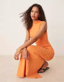 Платье макси Mango soft touch из смеси модала облегающего кроя с высоким воротом оранжевого цвета
