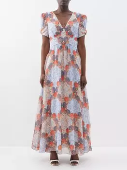 Платье макси mia из шелкового шифона с принтом Saloni, синий