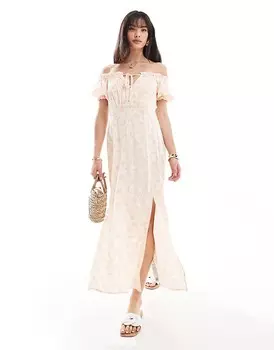 Платье макси Miss Selfridge – с вырезом бардо и рукавами-фонариками с узором ракушки