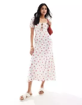 Платье макси Miss Selfridge с завязками спереди и пышными рукавами с нежным цветочным принтом