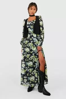 Платье макси-молочница с цветочными деталями корсета Boohoo, черный