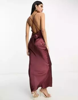 Платье макси на бретельках ASOS Bridesmaid из блестящего атласа со шнуровкой на спине винного цвета