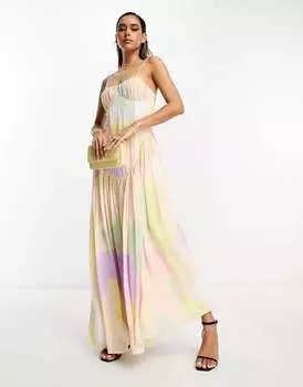 Платье макси на бретельках ASOS Design с присборенным бюстом, низкой спинкой, глубоким краем и абстрактным принтом