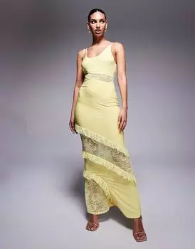 Платье макси на бретельках ASOS DESIGN с кружевными вставками и оборками пастельно-желтого цвета
