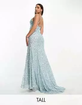 Платье макси на бретельках и шлейфом Beauut Tall Bridesmaid, украшенное по всей длине, ледяно-голубого цвета