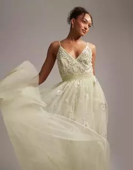 Платье макси на бретельках с цветочной вышивкой ASOS Bridesmaid цвета шалфея, украшенное жемчугом