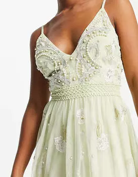 Платье макси на бретельках с цветочной вышивкой ASOS DESIGN Bridesmaid цвета шалфея, украшенное жемчугом