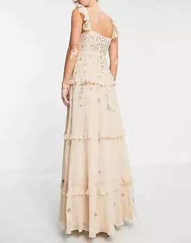 Платье макси на бретельках с вышивкой цвета шампанского ASOS DESIGN Bridesmaid