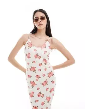 Платье макси на бретельках в облегающую рубчик с V-образным вырезом Y.A.S и винтажным принтом с розами