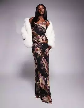 Платье макси на бретелях с отделкой швами в темном меланхоличном цветочном узоре ASOS DESIGN