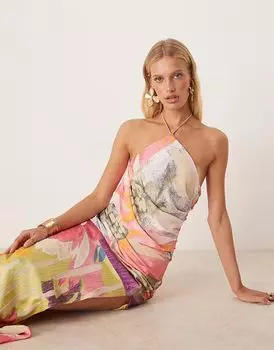 Платье макси на одно плечо ASOS DESIGN с цветочным принтом и отделкой бисером деворе