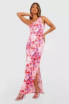 Платье макси на одно плечо с цветочным платьем disty Boohoo, розовый