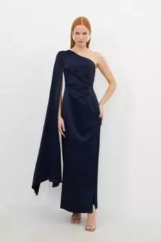 Платье макси на одно плечо с атласной спинкой, креповой драпировкой Karen Millen, темно-синий