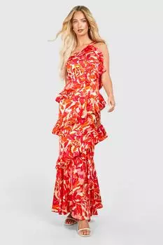 Платье макси на одно плечо с цветочным принтом и рюшами boohoo, розовый