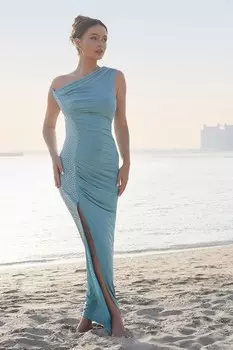 Платье макси на одно плечо с присборенной бахромой цвета морской волны QUIZ Clothing