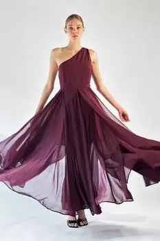 Платье макси на одно плечо с фольгированным узором из серебристой ткани Religion, красный