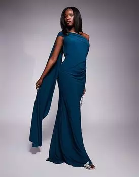 Платье макси на одно плечо с драпировкой и шлейфом в цвете Petrol Blue ASOS DESIGN
