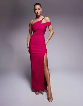 Платье макси на одно плечо с отложным поясом вишневого цвета Vesper