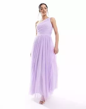 Платье макси на одно плечо с кружевом и бисером для подружек невесты сиреневого цвета Lace & Beads